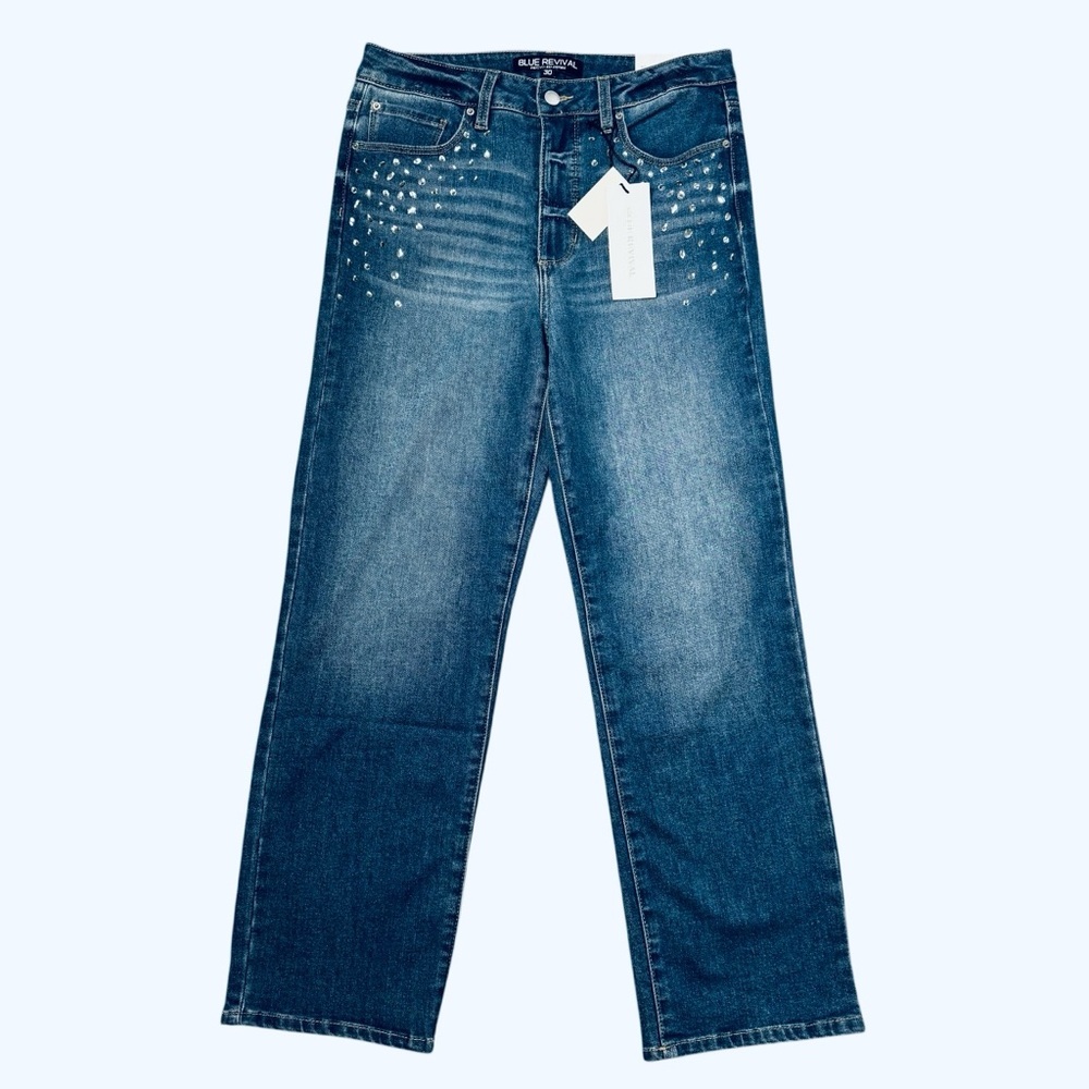 NWT New $169 Blue Revival Rhinestones Straight Leg Jeans Size 30